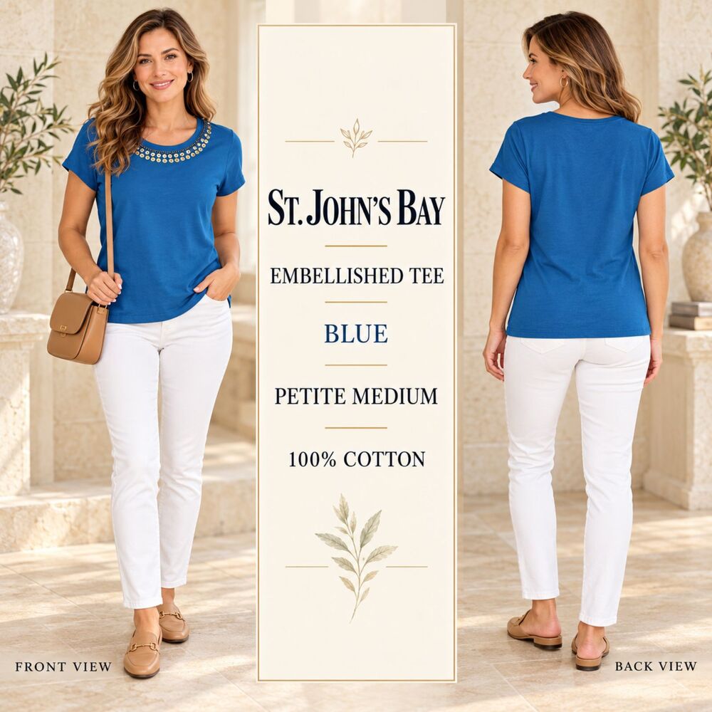 St Johns Bay Embellished Top Beaded Neckline Blue Petite Size M Coastal Resort